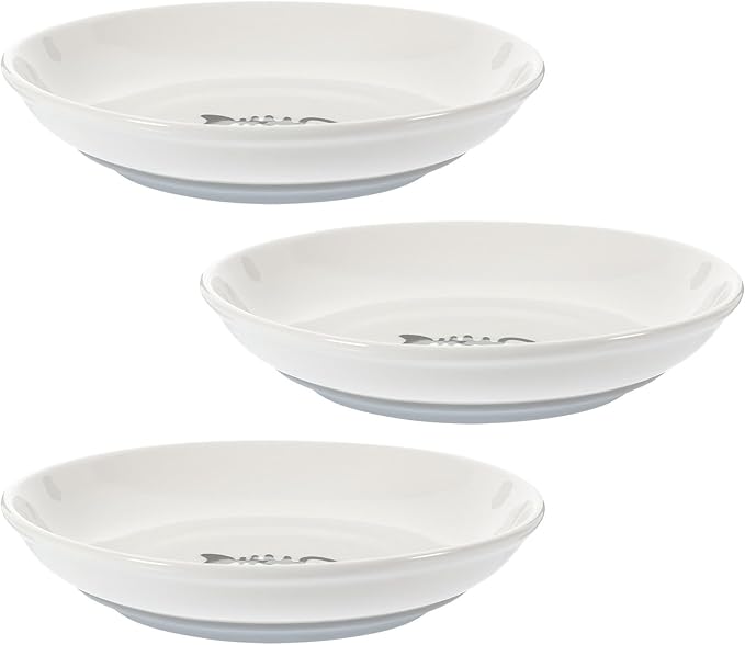 KALLORY Ceramic Cat Food Bowl Set 3pcs with Wide Shallow Dish, Non-Slip Gray Silicone Base, Small Round Pet Bowls for Kitten Feeding and Watering