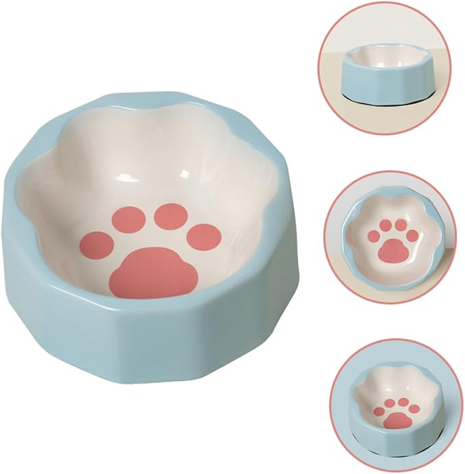 Ceramic Pet Bowl Tilted Cat Dish with Cute Animal Paw Print Small Dog Feeder Bowl Blue for Pets Feeding and Watering