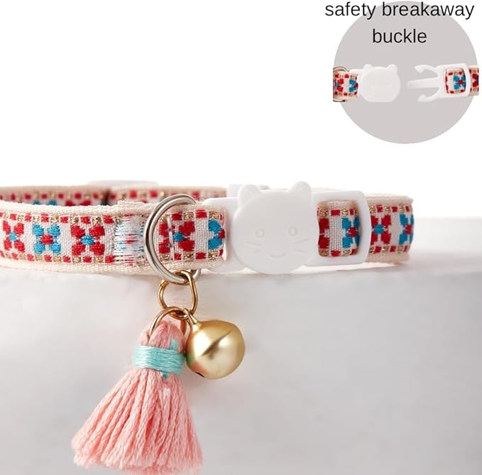 2 Pack Cats Collar Breakaway Cute Colorful Pattern for Cat Boy Girl Adjustable Length Collar with Little Bell Tassel Tribal Bohemian Pattern (2 Pack⎮Green+Red)