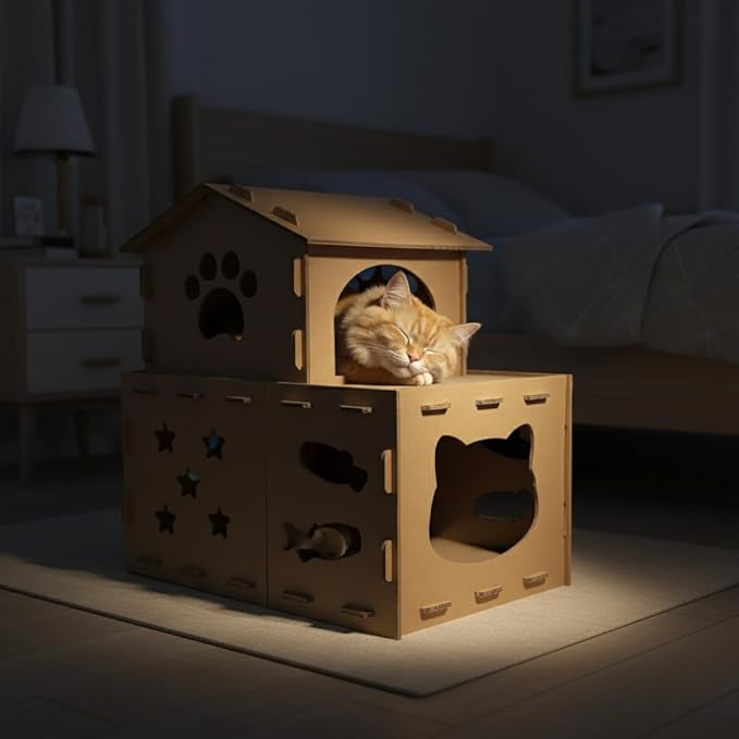 Cardboard Cat Scratcher House, Modular Cat Condo - 25" Large 2-in-1 Double Layer Cat Play Villa with Built-in Scratching Surface for Indoor Cats - Final Clearance, Limited Stock Left!