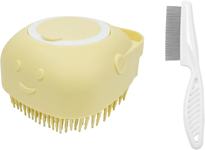 Pet Bath Massage Brush,Pet Bath Brush with Shampoo Dispenser,with Dog Grooming Comb,Suitable for Long and Short haired Dogs and Cats(Yellow)