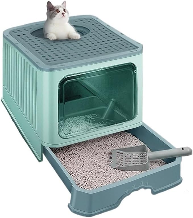 Pet Supplies, Foldable Enclosed Cat Litter Box with Lid,Top Entry, Anti-Splash & Easy Clean(Green)