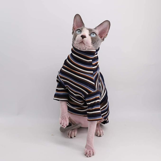 Turtle Neck Vintage Stripes Sphynx Hairless Cat Cotton T-Shirts Pet Clothes Vest Kitten Shirts Sleeveless, Cats & Small Dogs Apparel (Vintage Deep Blue, XL (9-12.5 lbs))