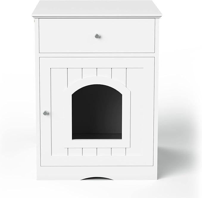 Wooden Cat Litter Box Cabinet with Drawer Hidden Pet House, Sofa Side Table, Indoor Pet Cage Storage Cabinet, Cat Hidden Cave Furniture for Living Room, Bedroom (White, 25 inches)