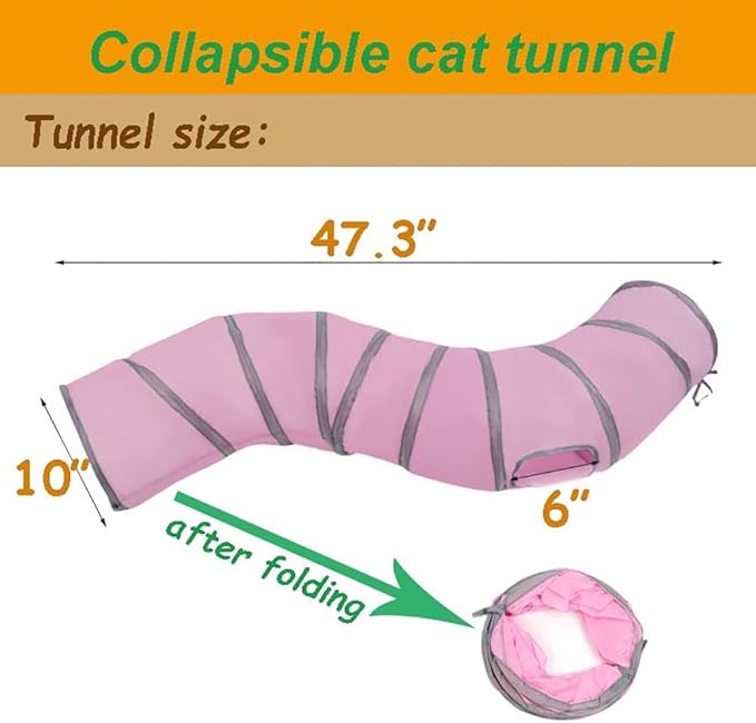 Cat Tunnel Tube Toy Collapsible 2 Way Pink, Pet Tunnels for Indoor Cats, Long Tubes for Kitten, Puppy, Rabbit, Interactive Toys for Fun Playtime & Exercise