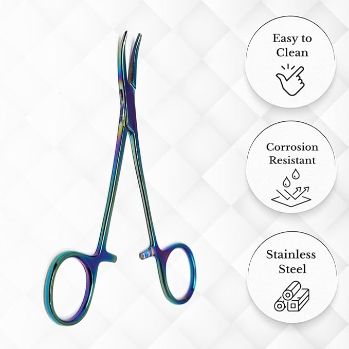 HTI DOG CAT PET HAIR PULLER REMOVER STAINLESS STEEL HEMOSTAT LOCKING FORCEPS 5" CURVED FULL SERRATED (Multicolor)