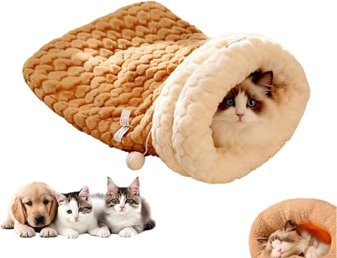Winter Warming Cat Sleeping Bag，Soft Plush Sleeping Bag for Indoor Cats，Cozy Pet Nest for Cats and Dogs, Portable Calming Pet Nests，Cat Cave Bed Self Warming Bed, Pet Hideway (Medium,C-Coffee)