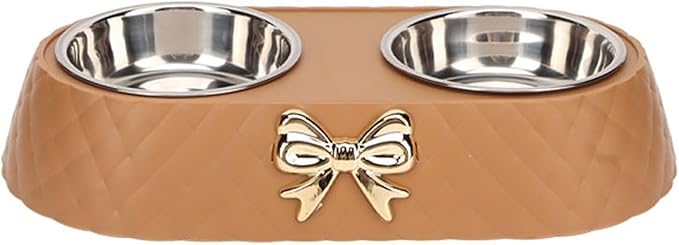 Pet Bowls with Holder Stainless Steel Food Water with Bowknot Decor for Dog Cat(Brown)
