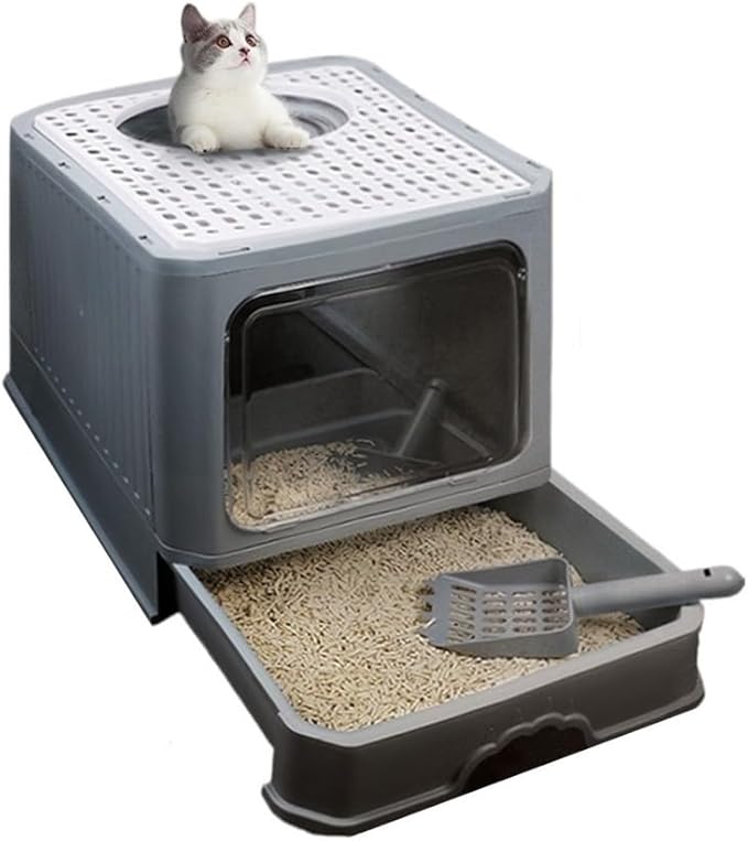 Pet Supplies, Foldable Enclosed Cat Litter Box with Lid,Top Entry, Anti-Splash & Easy Clean(Gray)