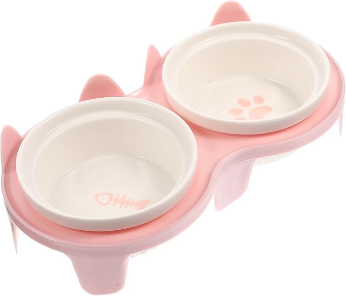 Healifty Ceramic Elevated Cat Bowl Set with Dual Pink Thick Bowls and Sturdy Stand, Angled Feeding and Watering Dish for Indoor Cats, Neck Protection Pet Feeder