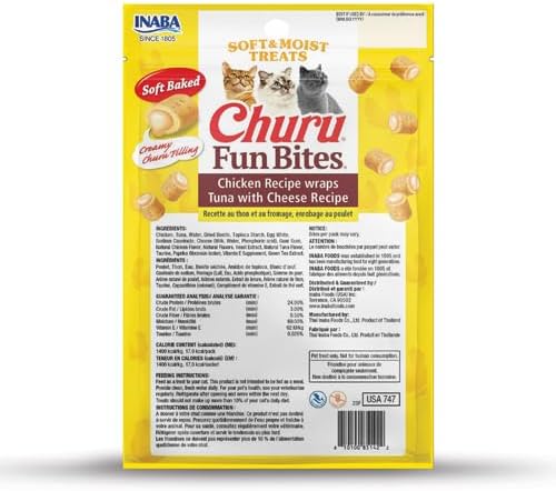 INABA Churu Fun Bites for Cats, Soft & Chewy Baked Chicken Wrapped Filled Cat Treats with Taurine, 0.42 Ounces Each Tetra, 9 Tetras (3 per Bag), Tuna with Cheese Recipe