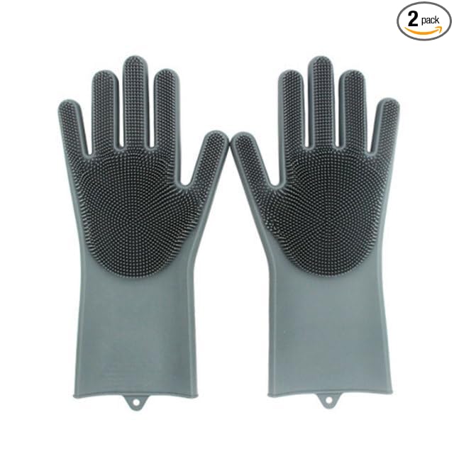 Pet Grooming Gloves Silicone Gloves with High-Density Teeth Enhanced Five Finger Design for Dogs Cats Bathing Massaging (Grey)