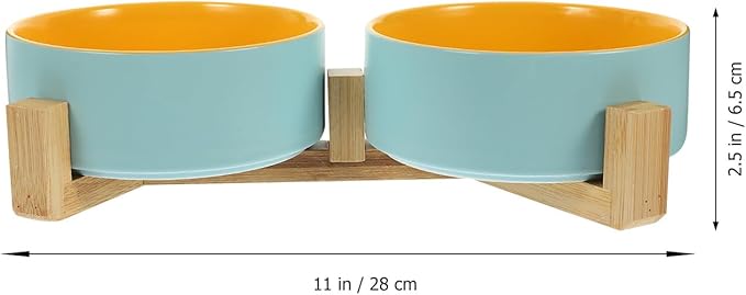 COLLBATH Ceramic Elevated Cat Bowl Set with Dual Bowls, Matte Two-Tone Blue and Yellow, Small Size with Wooden Stand, Kitten Supply for Indoor Feeding and Watering