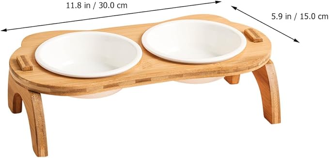 DOITOOL Raised Cat Feeding Bowls Set, Tilted White Ceramic Bowls with Wooden Stand, Spine Protection Elevated Pet Food and Water Feeder for Indoor Cats and Kittens