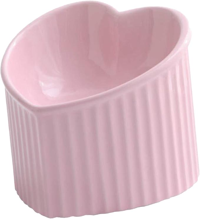 Heart Shaped Cat Dish for Food Or Water, Slanted Ceramic Bowl with Stable Base, Pink