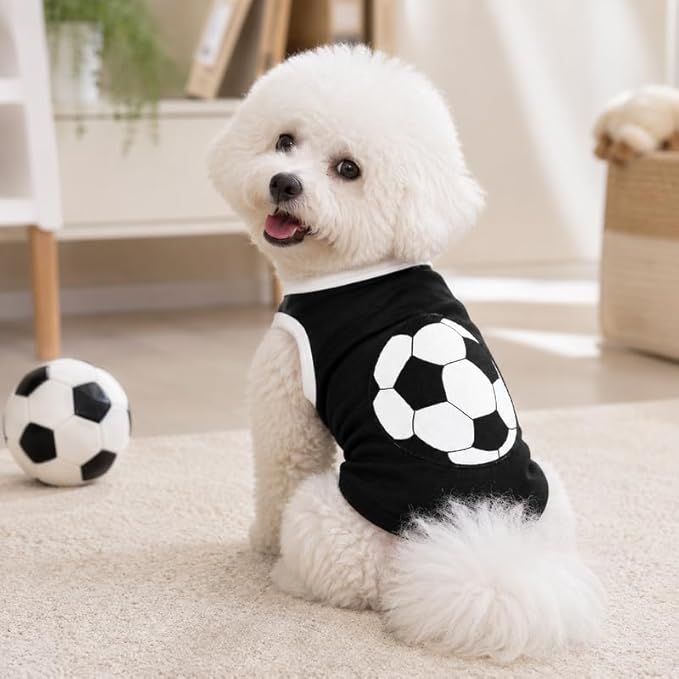 Petitebella Soccer Dog Shirt - Sporty Puppy T-Shirt with Soccer Ball, Breathable Soft Cotton Pet Clothes for Small Dogs Cats, Lightweight Summer Vest Apparel for Game Day Training (Black, Large)