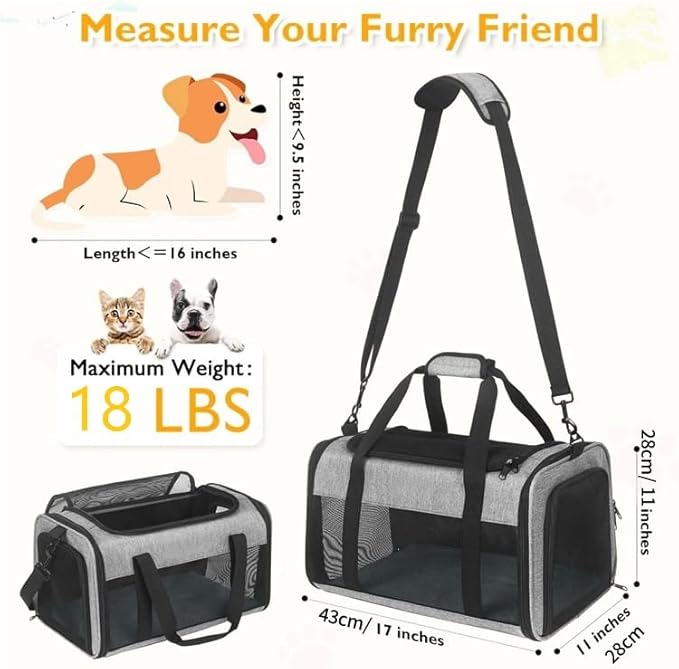 Cat Dog Carrier for Small Medium Pets up to 18 Lbs, Lightweight Portable Cat Carrier Bag, TSA Airline Approved Carrier, Carry Bag for Flight, Soft Sided Cat Bag for Travel (17x11x11 Grey)