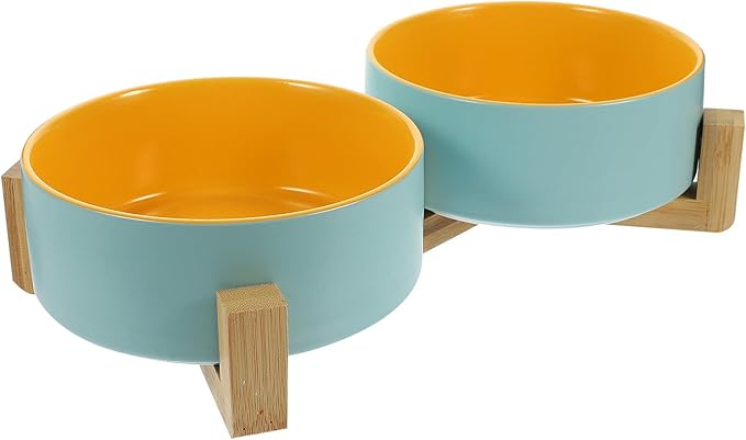 Ceramic Elevated Cat Bowl Double Pet Bowl with Matte Blue-Yellow Interior and Wood Stand, Small Size Household Feeding and Watering Dish for Kittens and Cats