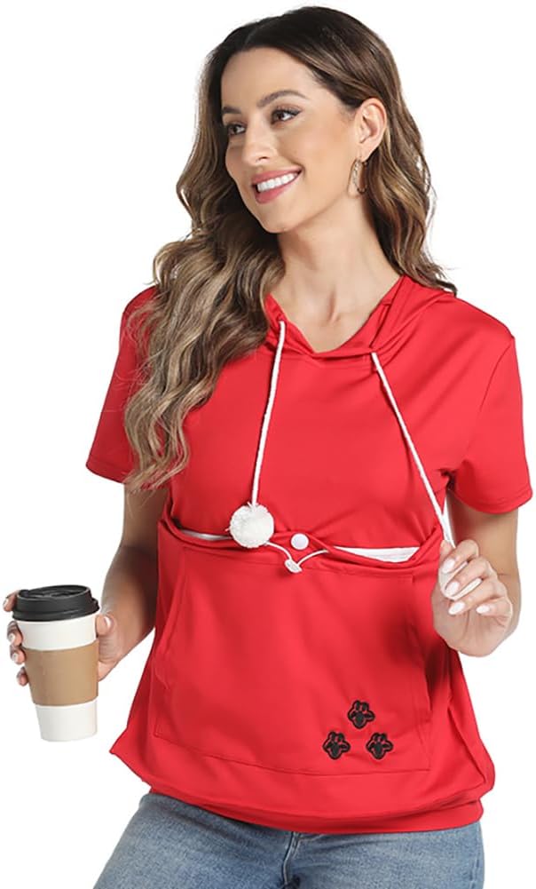 Women Big Pouch Shirt Pet Holder Pocket Top Short Sleeve Solid Color T-Shirt