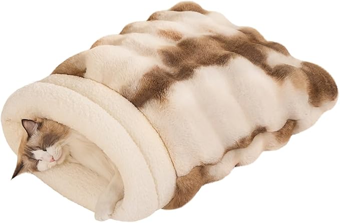 SOMAHE Cat Sleeping Bag for Indoor Cats, Faux Fur Pet Cave Bed & Burrow Nest, Reversible Plush Snuggle Sack, Portable Foldable Mat, Machine Washable, Anti-Static, 21.7"x17.7" Coffee White