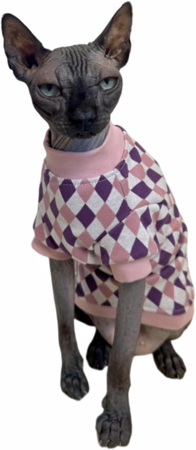 Vintage Mulan Cotton Sphynx Hairless Cats Shirt Cat Turtleneck Pet Clothes Kitten T-Shirts with Sleeves for Sphynx Cornish Rex, Devon Rex, Peterbald (Rhombus Pink, Small)
