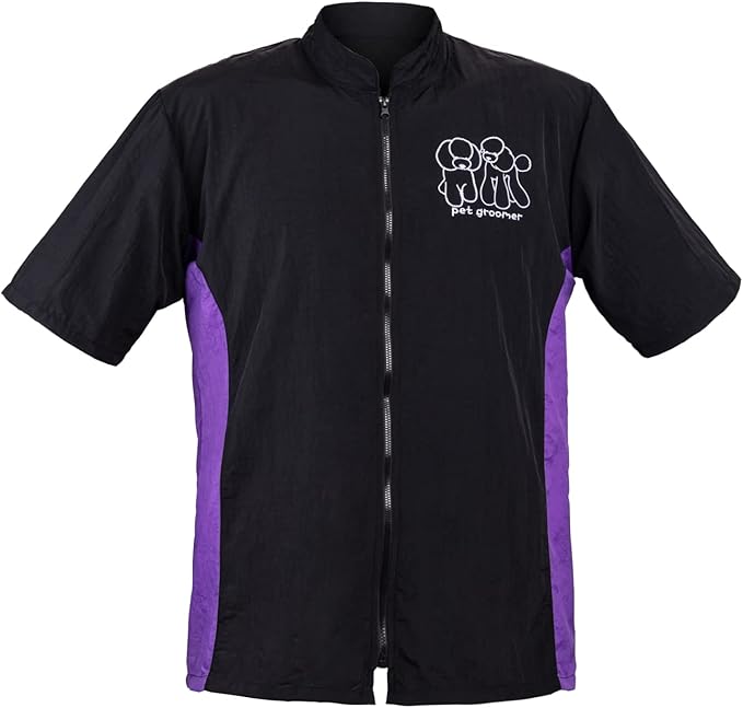 Noverlife Pet Grooming Workwear with Full Zipper, M Size, Anti-Static Pet Beautician Uniforms, Lightweight Hair Repellent Shirt Style Pet Groomer Smock for Dog Cat Grooming Shop