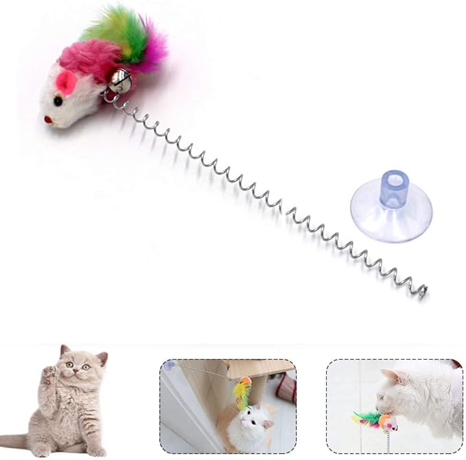 KABB 3 Pcs Cat Toy Spring Toy Elastic Spring Mouse Feather Plush Interactive Intelligence Toys with Sucking, Random Color