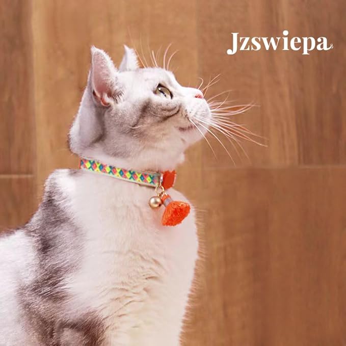 2 Pack Cat Collar Breakaway Cute Colorful Pattern for Cat Boy Girl Adjustable Length Collar with Little Bell Tassel Tribal Bohemian Pattern (2 Pack⎮Orange+Blue)