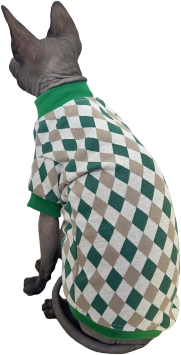 Vintage Mulan Cotton Sphynx Hairless Cats Shirt Cat Turtleneck Pet Clothes Kitten T-Shirts with Sleeves for Sphynx Cornish Rex, Devon Rex, Peterbald (Rhombus Green, XX-Large)