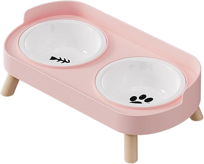 Elevated Double Bowl Ceramic Pet Food Bowls Nonslip Base Feeding Watering Dishes for Dog Cats Scratch Design Pet Food and Water Bowl