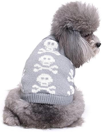 S-Lifeeling Skull Dog Sweater Holiday Halloween Christmas Pet Clothes Soft Comfortable Dog Clothes - Grey (Dog - Back Length 16")