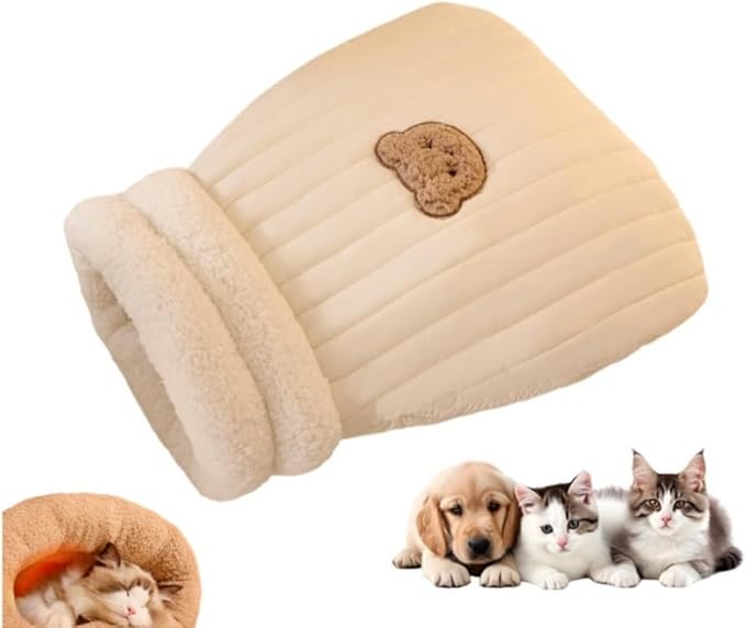 Winter Warming Cat Sleeping Bag，Soft Plush Sleeping Bag for Indoor Cats，Cozy Pet Nest for Cats and Dogs, Portable Calming Pet Nests，Cat Cave Bed Self Warming Bed, Pet Hideway (Large,B-Beige)