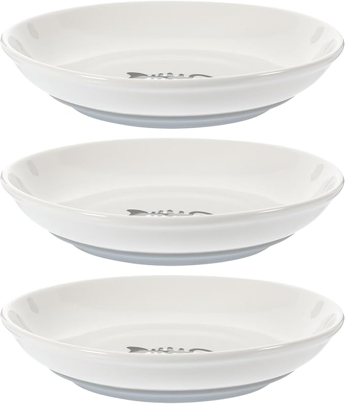 Abaodam Ceramic Cat Bowls 3pcs Shallow Wide Round Cat Food Dishes with Non-Slip Gray Silicone Base Feeding and Watering