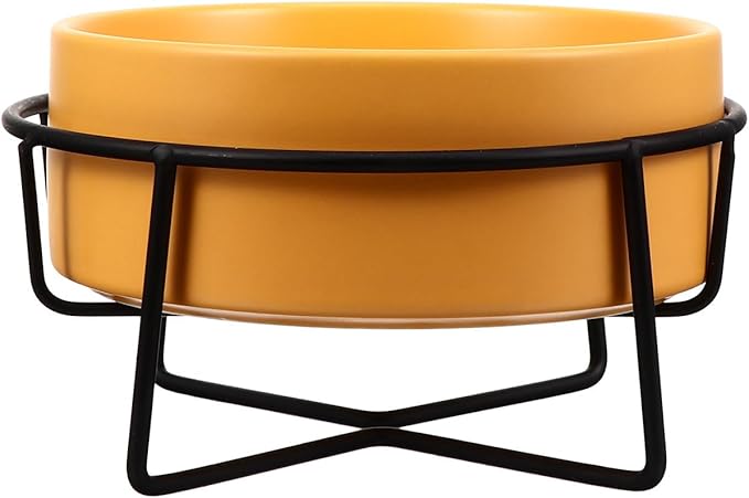 PRETYZOOM Ceramic Pet Feeder Bowl with Elevated Black Iron Stand, 14cm Yellow Cat and Dog Bowl for Spine Protection, Raised Feeding and Watering Dish for Small Pets