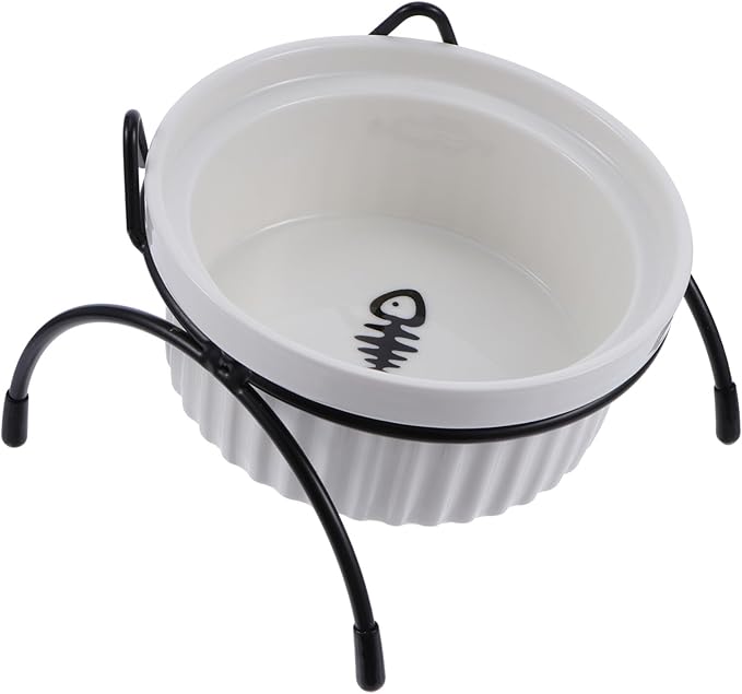 Ceramic Cat Food Feeder Bowl with Raised Black Cat Ear Iron Stand White Fishbone Pattern Bowl Neck Protection Elevated Pet Feeding Dish 2pcs Set