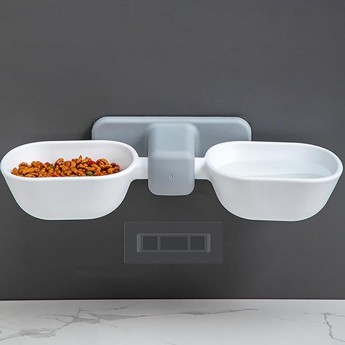 PRETYZOOM Wall-Mounted Cat Double Feeding Bowl with Waterer, White Pet Food Container and Feeder Bowl for Indoor Cats, Space-Saving Dual Dish for Feeding and Watering Pets