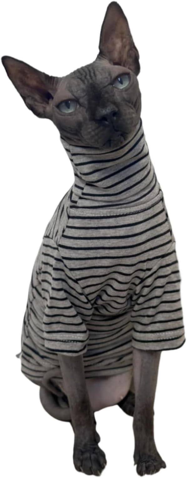 Vintage Stripes Sphynx Hairless Cats Shirt Cotton Cat Turtleneck Pet Clothes Kitten T-Shirts with Sleeves for Sphynx Cornish Rex, Devon Rex, Peterbald (Grey Stripe, XX-Large (Pack of 1))