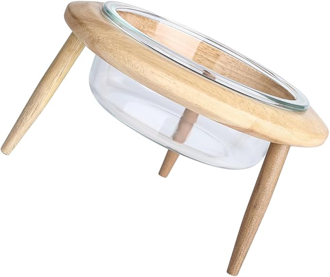 Alasum Glass Pet Feeding Bowl with Elevated Wooden Rack, 14.7cm 480ml Raised Pet Feeder for Cats and Small Dogs, Sturdy Glass Dish for Slow Feeding and Watering