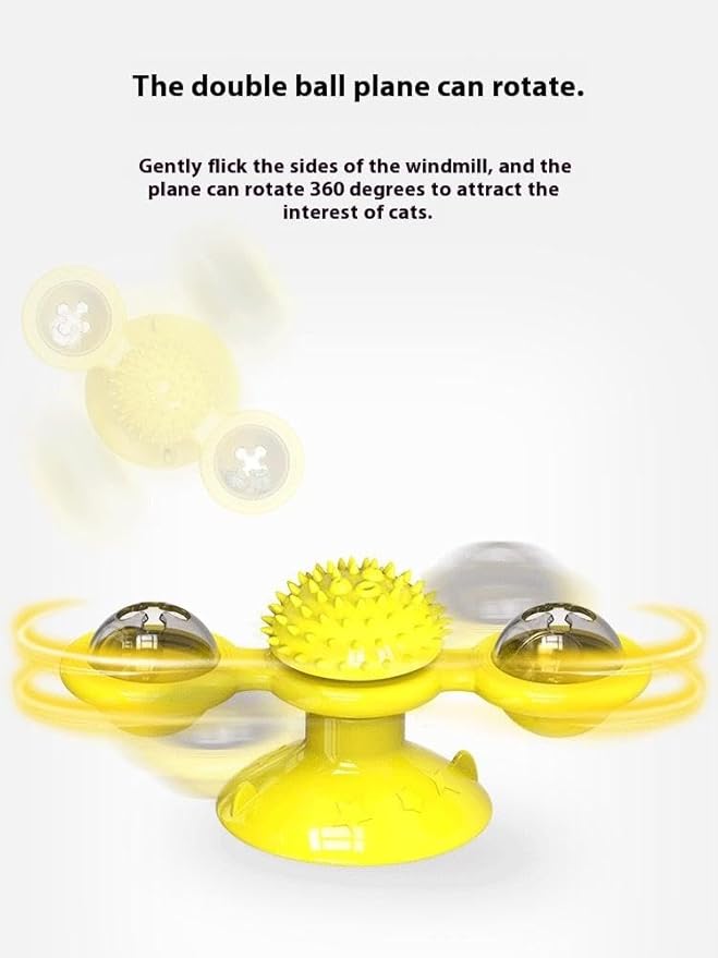 Interactive Windmill Cat Toy with LED Light Ball & Suction Cup – Rotating Catnip Toy for Indoor Cats, Mental Stimulation & Exercise-Yellow