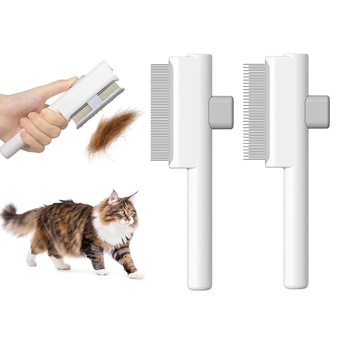 Marchul 2 Pack Self-Cleaning Pet Grooming Comb Set, Cat & Dog Flea Brush with One-Click Release Button, Stainless Steel Round Teeth Comb for Removing Tangles, Loose Fur and Shed Hair, White