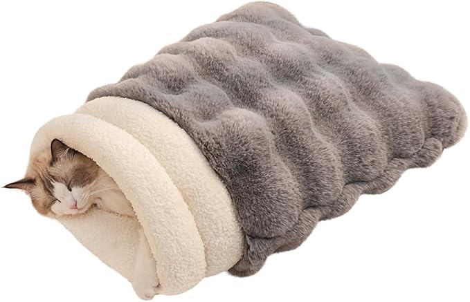 SOMAHE Cat Sleeping Bag for Indoor Cats, Faux Fur Pet Cave Bed & Burrow Nest, Reversible Plush Snuggle Sack, Portable Foldable Mat, Machine Washable, Anti-Static, 21.7"x17.7"Grey