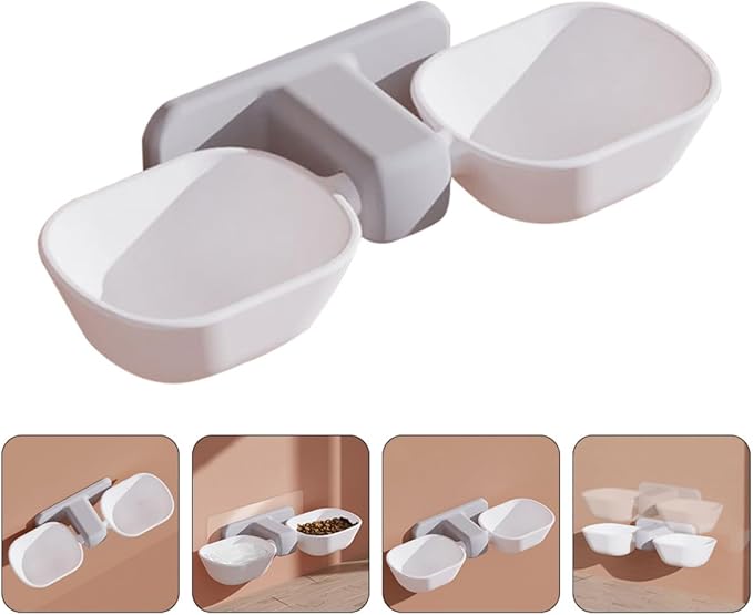 Balacoo Wall-Mounted Pet Feeder Double Bowl with Neck Protection, Plastic Cat and Dog Food Container, White with Adhesive, Suitable for Feeding and Watering Pets