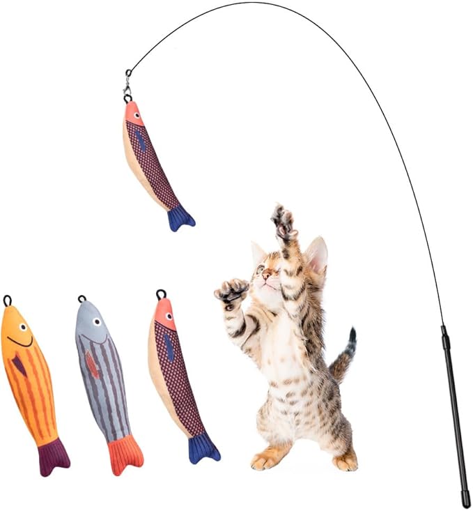 PAZ'S GIFT Cat Wand Toys, Catnip Fish 3 piece Catnip wzggle Sounding Toy, Soft and Durable, Interactive cat Kick Toys for Indoor Play