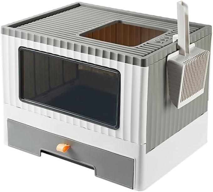 Pet Supplies, Foldable Top Entry Cat Litter Box with Lid, Anti Splashing & Drawer Design(Gray)