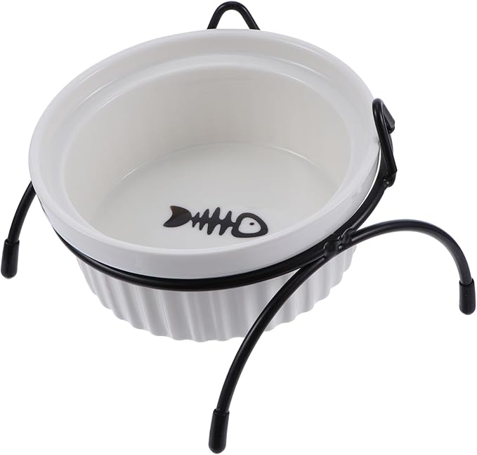 Ceramic Cat Food Bowl with Iron Stand Raised Pet Feeder for Neck Protection White Fishbone Bowl and Black Cat Ear Rack 2pcs