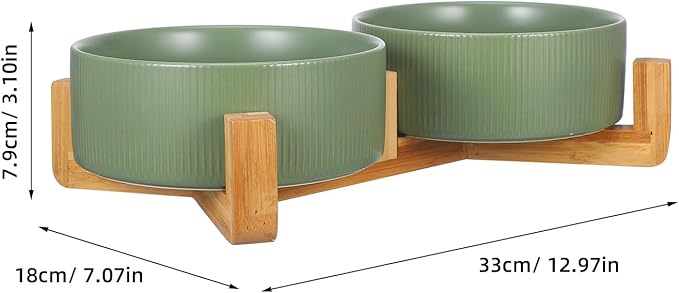 Ceramic Cat and Dog Feeding Bowl Set with Wood Stand, Non-Slip Raised Double Bowls for Pets, Matte Green Finish, Suitable for Indoor Feeding and Watering