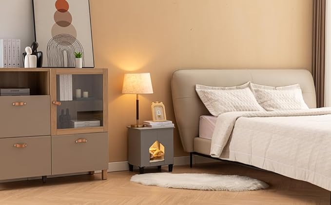 Cat House for Indoor Cats Condo,Cat Furniture with Large Area Scratch Pad，Leather Cat Bed Side Table & Nightstand for Living Room and Bedroom Decoration,Grey