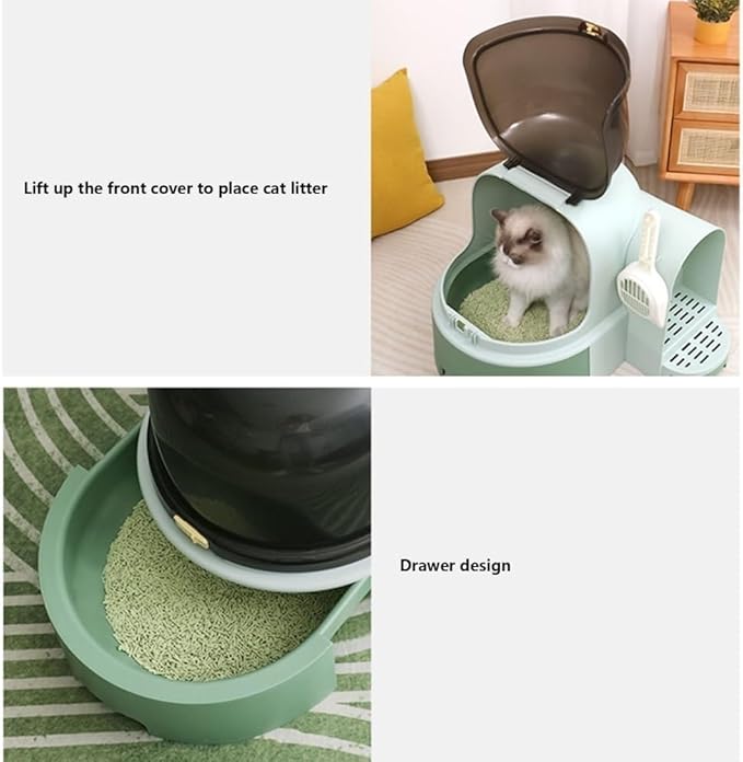 Pet Supplies, Extra Large Enclosed Cat Litter Box with Scoop, Splash-Proof Drawer Design(Green)