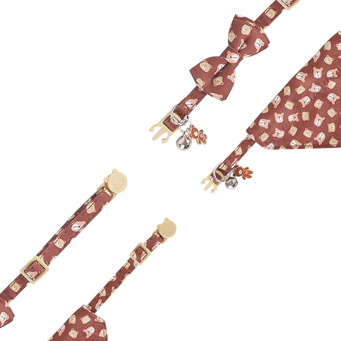 Cat Collar Breakaway with Cute Bow Tie Bandana and Bell Accessories Bear for Kitty Adjustable Safety