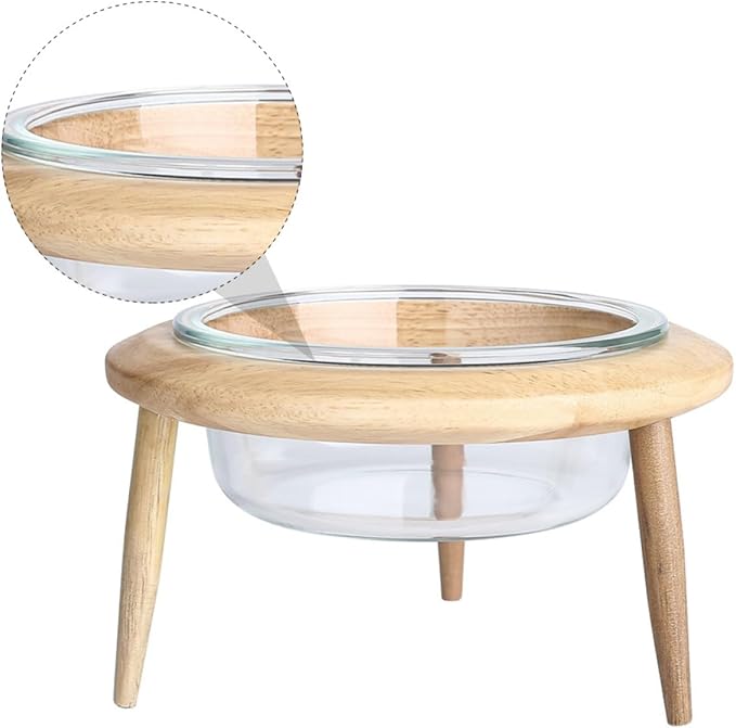 Alasum Glass Pet Feeding Bowl with Elevated Wooden Rack, 14.7cm 480ml Raised Pet Feeder for Cats and Small Dogs, Sturdy Glass Dish for Slow Feeding and Watering